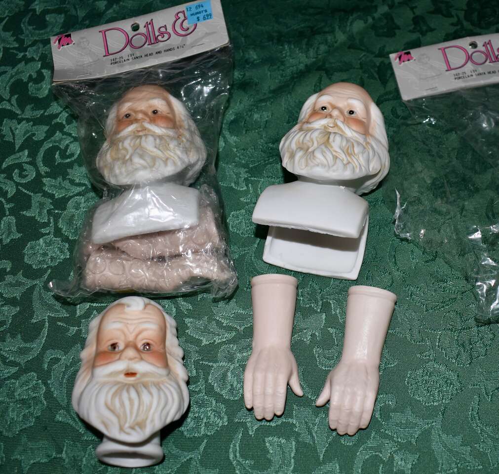 Three Separate Vintage Porcelain Santa Claus Doll Heads With Hands To Make For Fun Christmas Decor