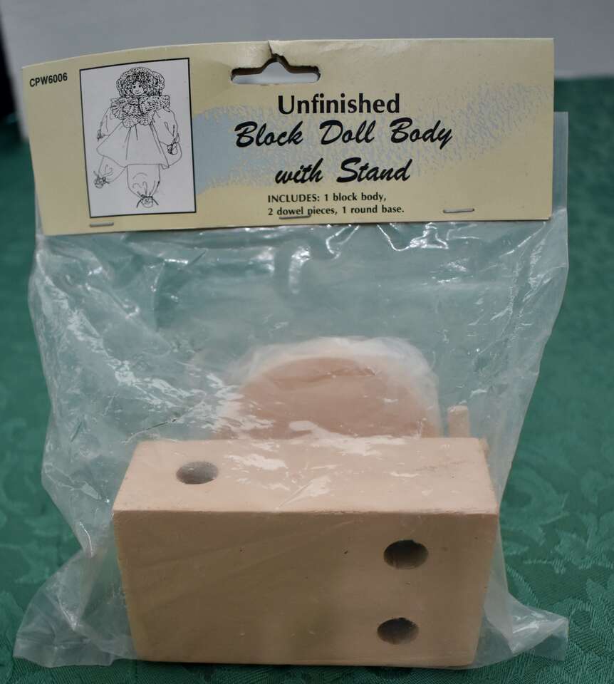 Unfinished Wooden Block Doll Body Parts With A Wooden Stand All Pre-painted in Original Package