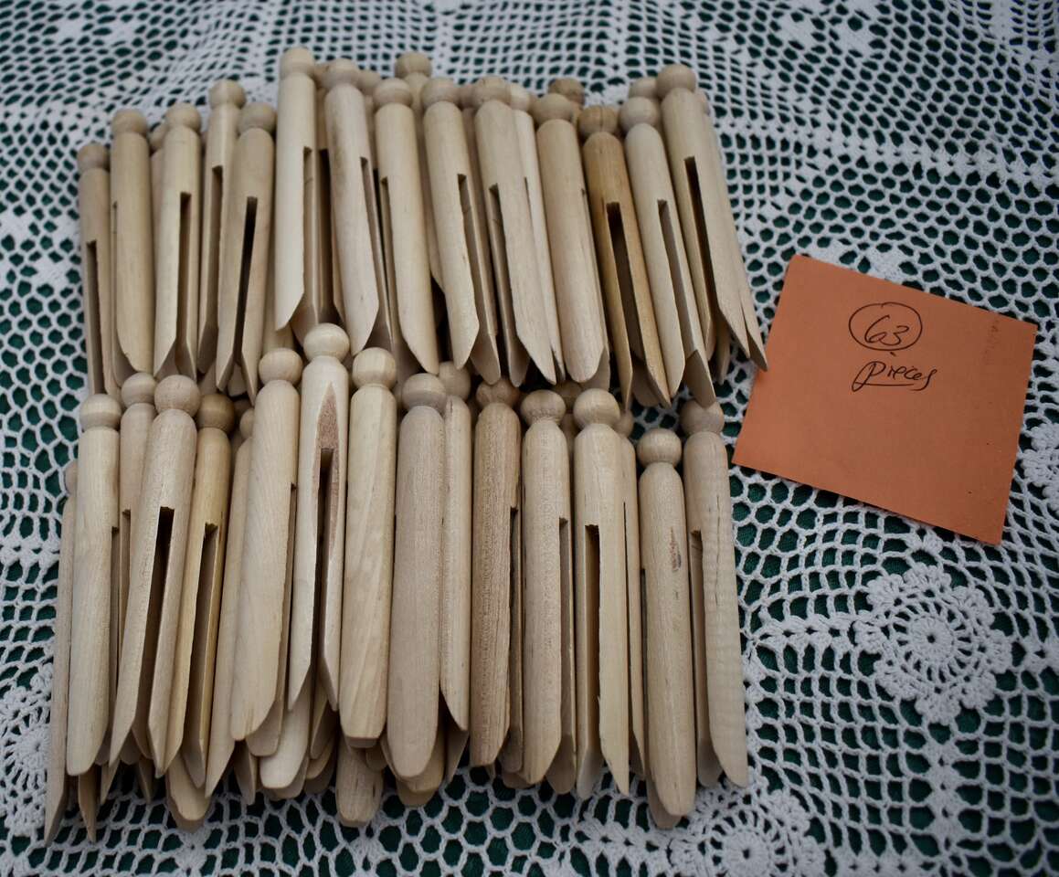Set Of 63 Traditional Wooden Clothespins With Round Tops For Crafts And Creative Projects Like Christmas Tree Angel Ornaments