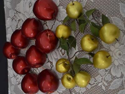 Several Vintage Red And Green / Gold Plastic Apples For Christmas Ornaments OR Fun Decor