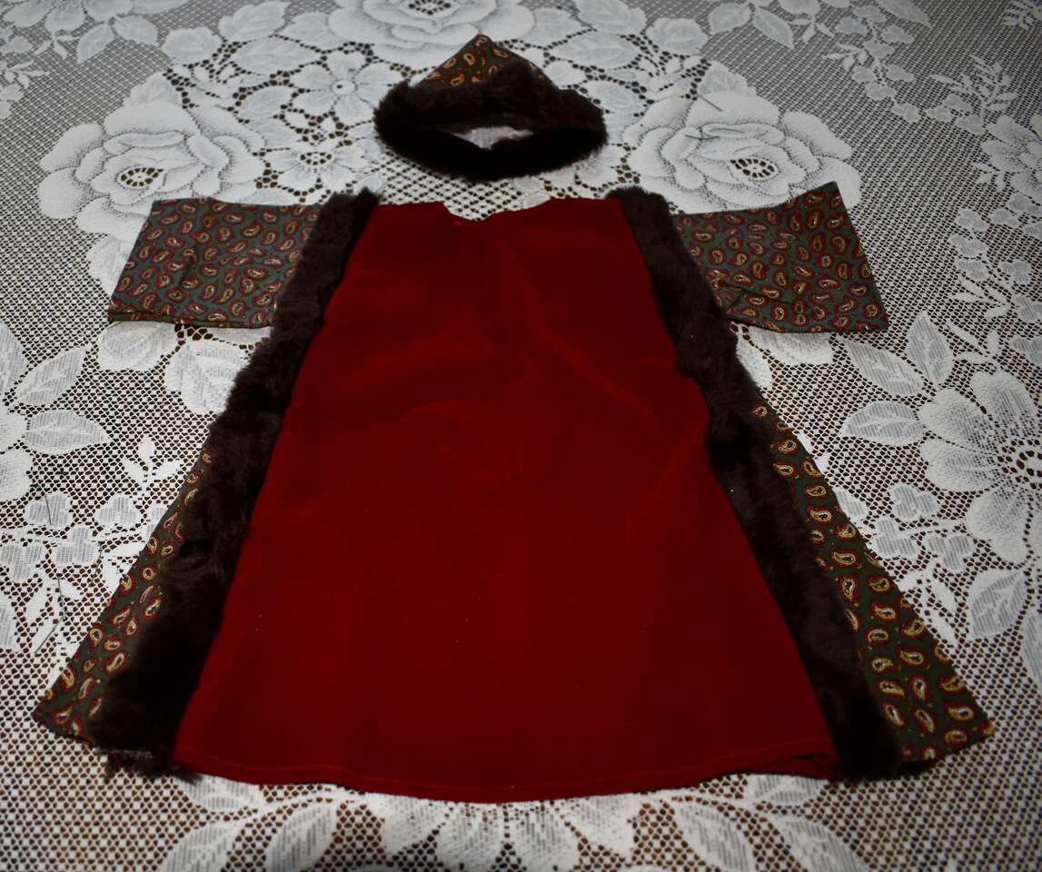 NEW CHRISTMAS DRESS FOR SANTA CLAUS DOLL MADE WITH FAUX FUR AND RED VELVETEEN FABRIC WITH A HAT