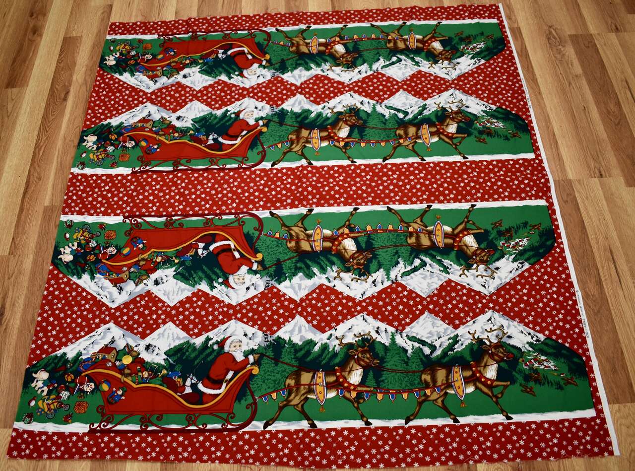Christmas Cotton Fabric With Santa Claus And His Reindeers For Quilts, Table Runners, Wall Decor And More