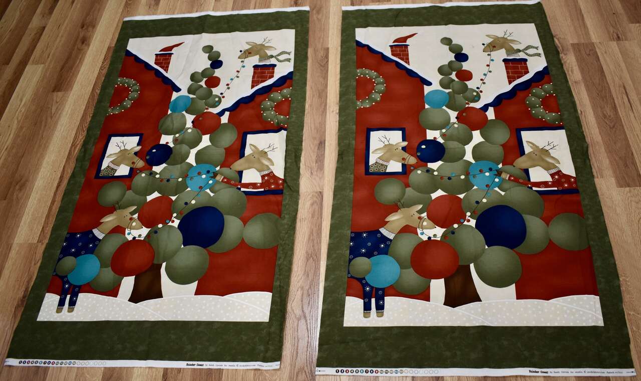 Two Separate Reindeer Cotton Quilting Fabric Panels For Lap Size Quilts Or Larger, Wall Hangings Or Christmas Table Runners