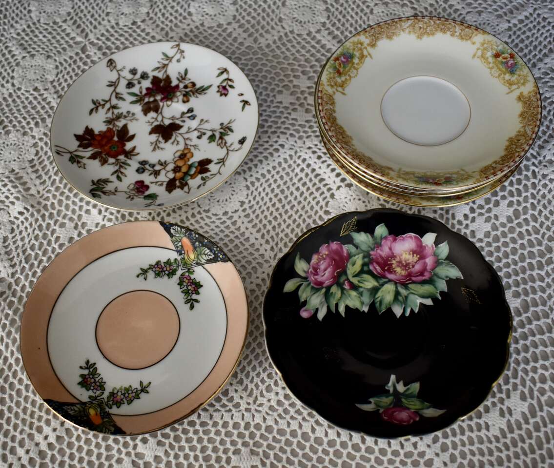 ASSORTED ANTIQUE SMALLER TEA CUP SIZE PLATES FOR TEA PARTIES IN DIFFERENT SIZES AND COLORS