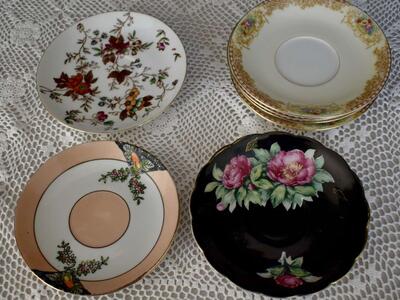 ASSORTED ANTIQUE SMALLER TEA CUP SIZE PLATES FOR TEA PARTIES IN DIFFERENT SIZES AND COLORS