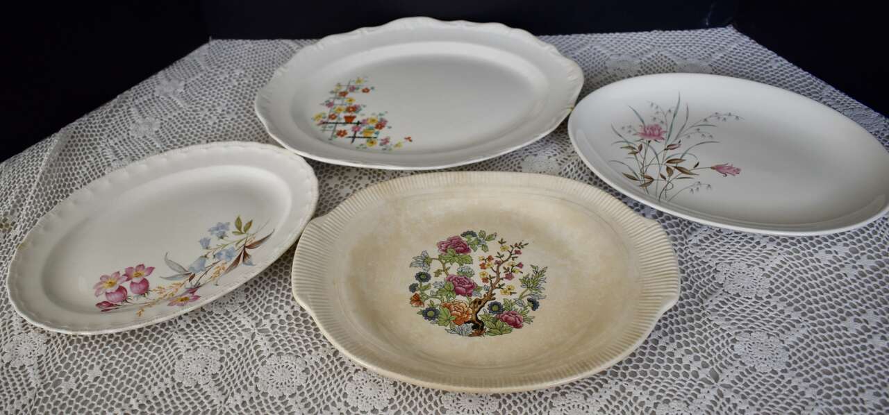 3 ASSORTED VINTAGE / ANTIQUE- VICTORIAN/ FARM STYLE CHINA-  PLATTERS WITH FLORAL DESIGNS - FUN FOR TEA PARTIES