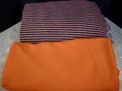 Two Separate Vintage Knit Type Fabrics With Several Yards Each- In Orange And Orange / Blues Stripes