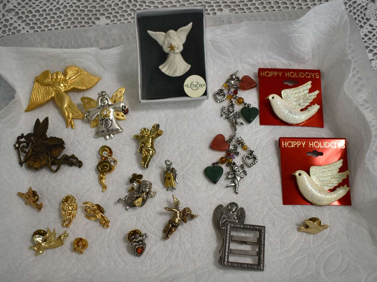 Several Very Pretty / Unique Vintage Angel / Fairy And Doves Brooches And Some Earrings- Fun For Christmas