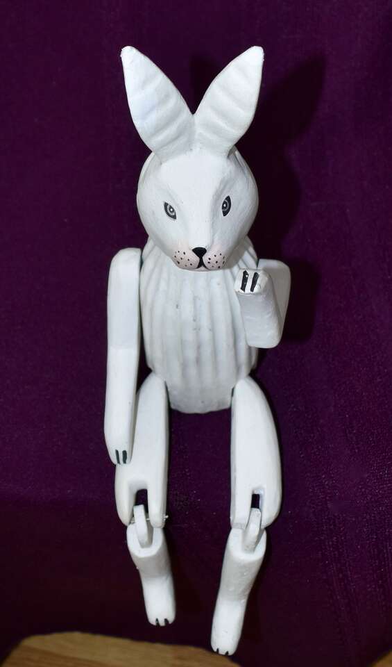 Vintage Wooden White Hand Painted 14 Inches Tall Jointed Rabbit For Fun Decor
