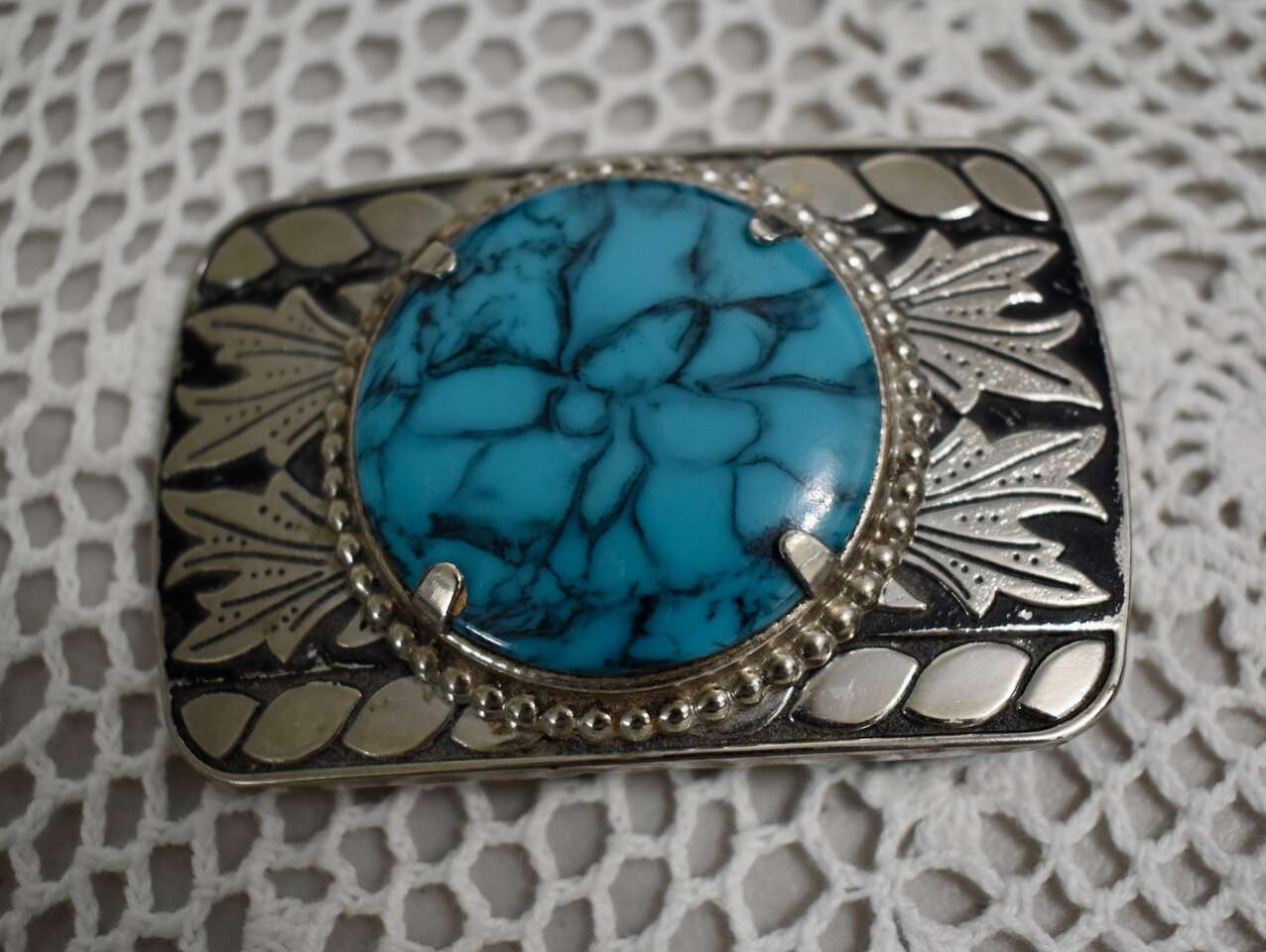 Vintage Polished Faux ? Turquoise Stone Silver Colored Metal Belt Buckle With Western Style Design