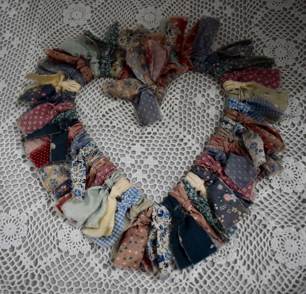 Vintage Heart Shaped Fabric Rag Wall / Door Wreath - Handmade For Fun Decor