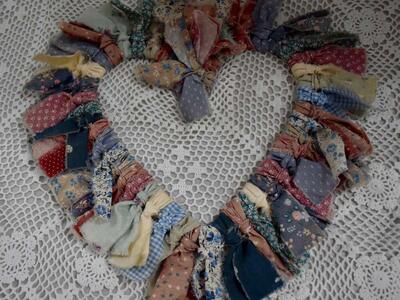 Vintage Heart Shaped Fabric Rag Wall / Door Wreath - Handmade For Fun Decor