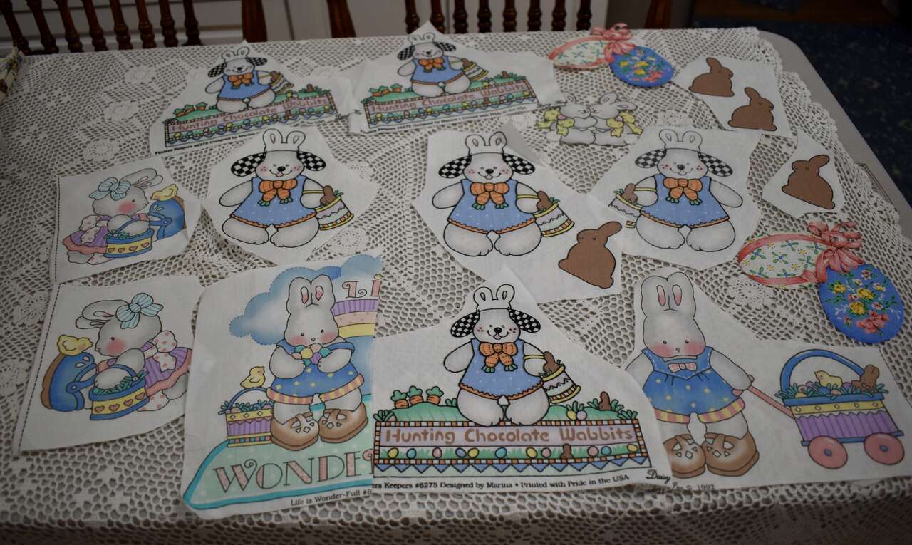SEVERAL CUT OUT COTTON FABRIC PIECES THAT DEAL WITH EASTER WITH BUNNIES, EGGS AND MORE FOR CRAFTS