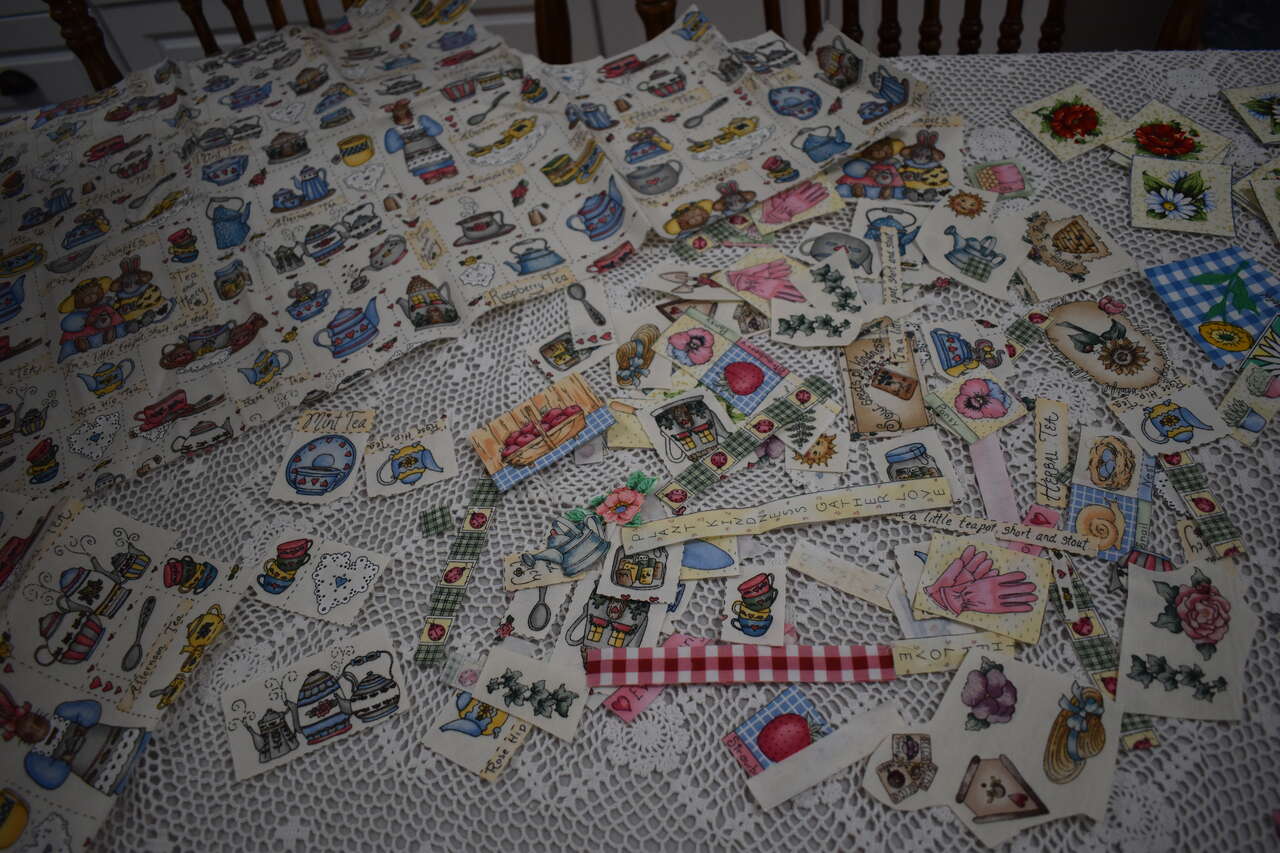 2 Separate Uncut Cream Colored Cotton Fabrics With Cute Tea Cups, Tea Pots, Bunnies, Flowers, With A Bag Of Pre-Cuts