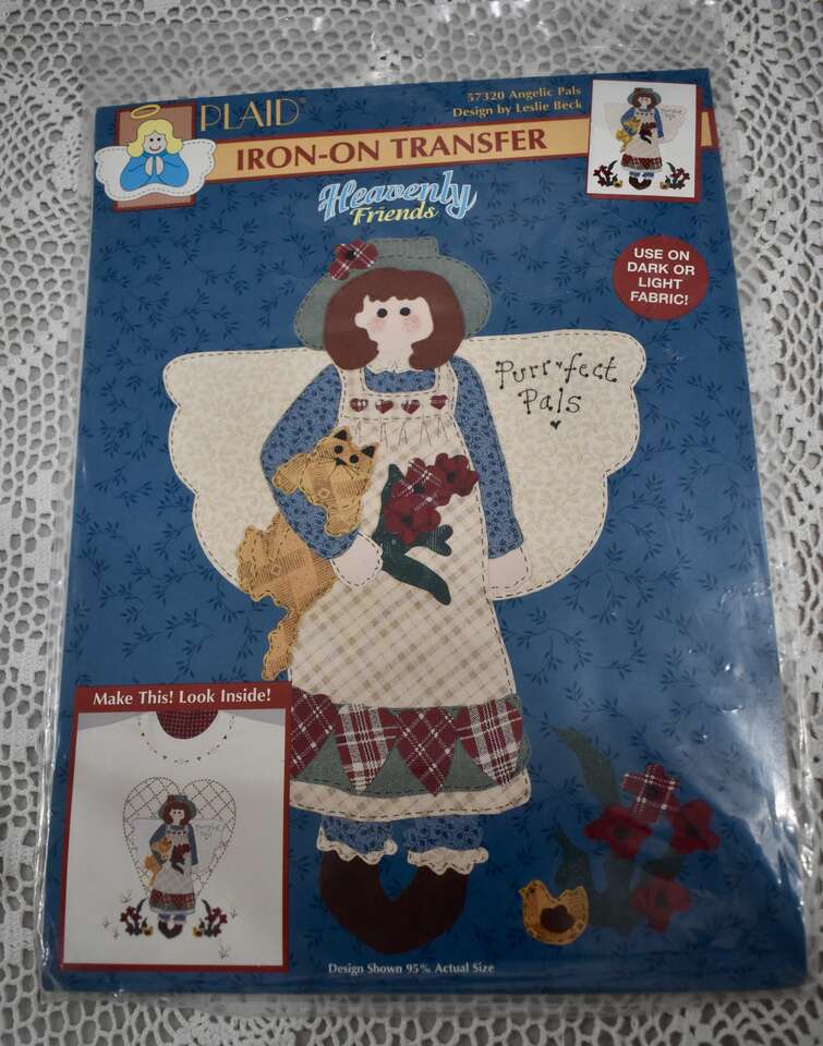 ANGELIC PALS IRON ON TRANSFER HEAVENLY FRIENDS PURR-FECT PALS WITH AN ANGEL AND HER CAT BY PLAID