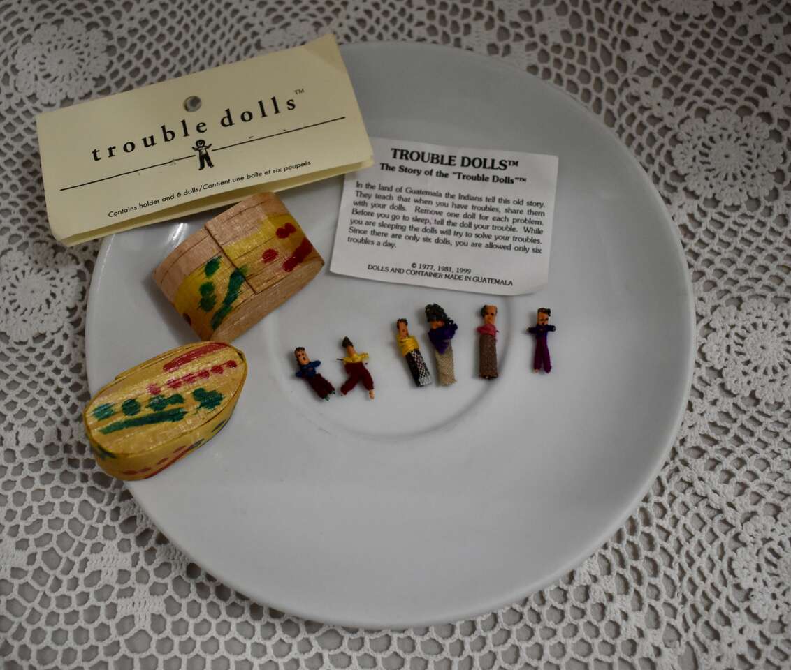 NEW Six Mini Trouble Dolls In a Basket With A Lid And A Fun Saying That Goes With Them.