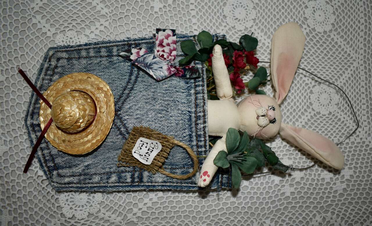 Handmade Vintage Easter Bunny / Rabbit In A Levi Pocket Wall / Door Decor