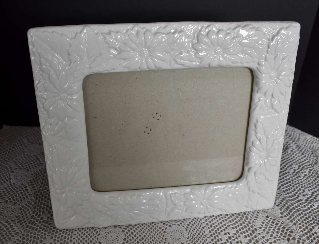 Beautiful White Ceramic Floral Design Edges Picture / Photo Frame Measures 11 1/2  X 13 1/4  / Holds A 8 3/4  X 7 Photo