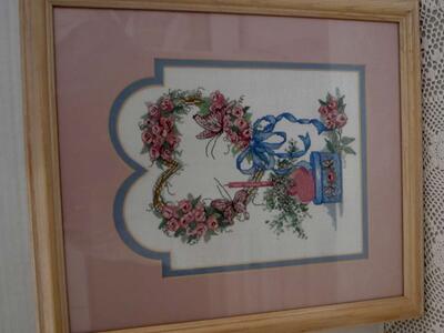 Beautiful Wood Framed Hand Crafted Embroidery Heart With Butterflies And Flowers- Double Matted
