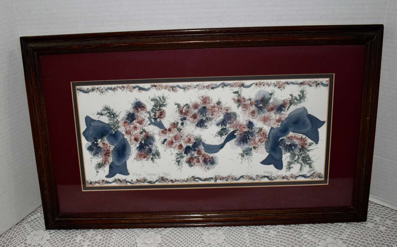 Beautiful Antique Distressed Looking Vintage Wooden Framed Hand Painted Watercolor Original Art Ribbons And Flowers