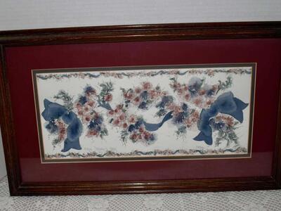 Beautiful Antique Distressed Looking Vintage Wooden Framed Hand Painted Watercolor Original Art Ribbons And Flowers