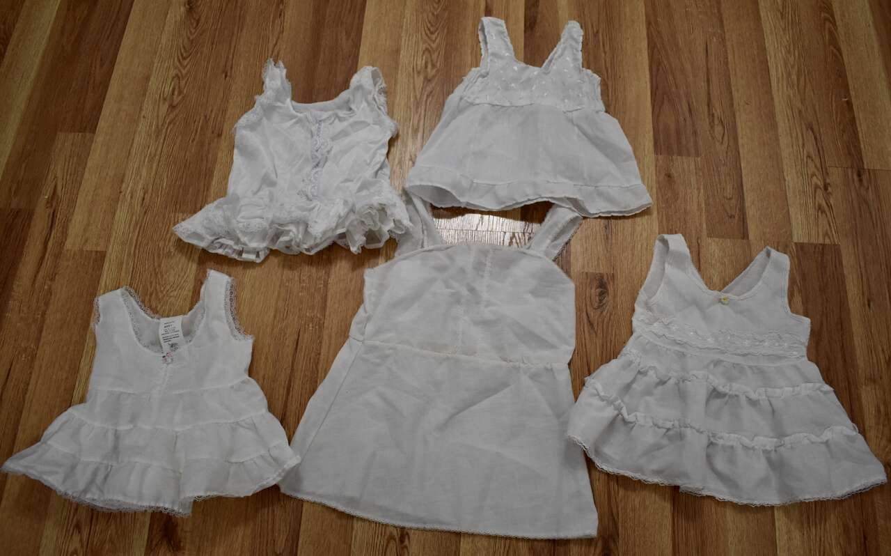 FIVE VERY PRETTY VINTAGE  BABY AND LITTLE TODDLER SIZE WHITE SLIPS- Size 1, 18 Months And Size 5