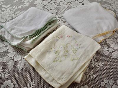 3 Separate Vintage Cotton Receiving Blankets For Babies. One Has An Embroidery Birds Design For Babies OR Dolls