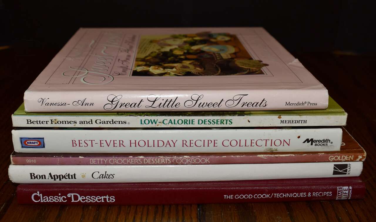 A LOT OF 6 WONDERFUL COOKBOOKS FOR MAKING ALL KINDS OF DESERTS LIKE CAKES, PIES, COOKIES AND OTHER FUN TREATS