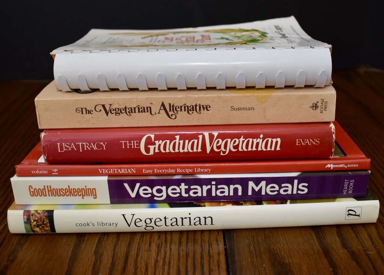 A LOT OF 6 VINTAGE VEGETARIAN COOKBOOKS WITH LOTS OF GREAT RECIPES AND INFORMATION