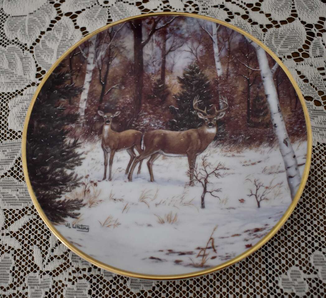 BEAUTIFUL COLLECTIBLE 8 1/4 INCH PLATE WITH DEERS IN WINTER WOODS BY JL WHITING MADE IN PORTUGAL