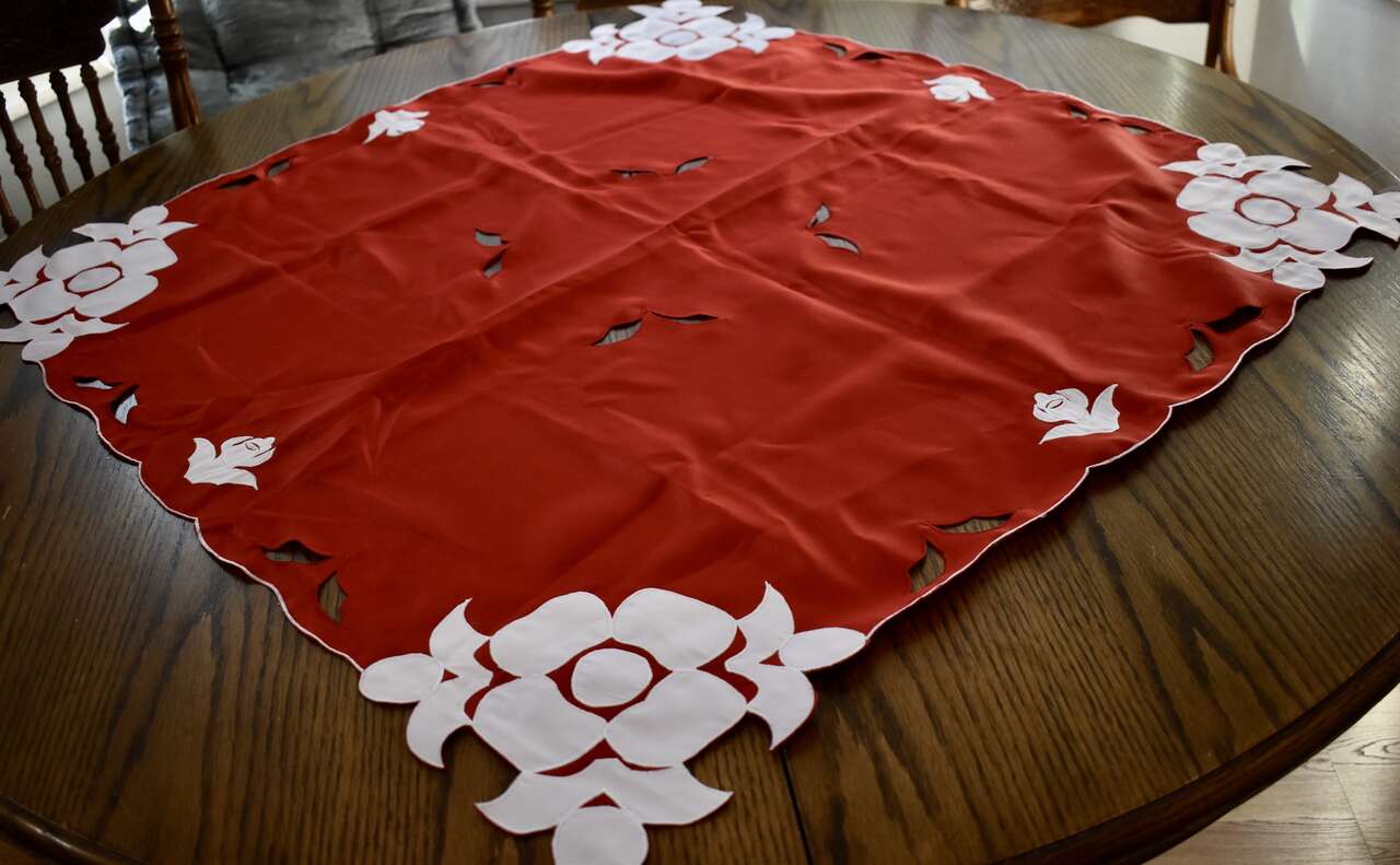 Very Beautiful Red / White Table Cloth with Cut-Work Made With 100% Shiny Polyester Fabric