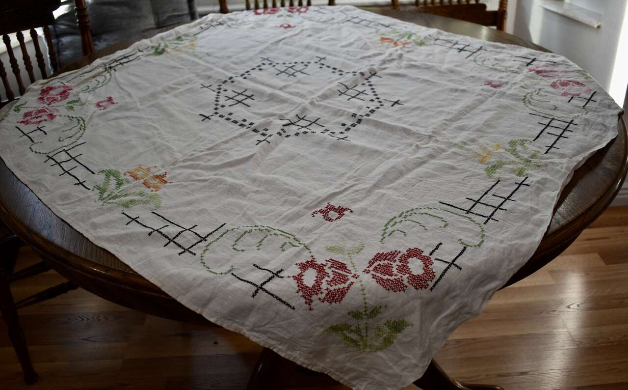 Beautiful Antique/ Vintage Handmade Embroidered Cross Stitch Cotton Table Cloth