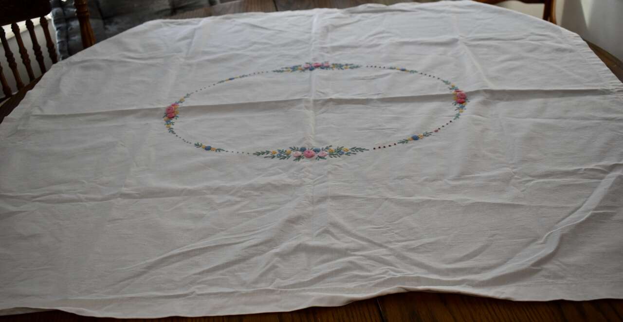 Very Beautiful Antique / Vintage With Embroidery Flowers Cotton Table Cloth