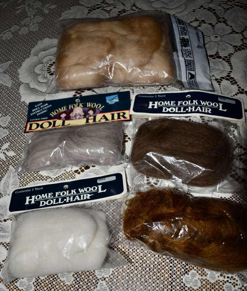 Several Assorted Bags Of Doll Wool Hair For Dolls Hair, Santa Hair And Beards And Fun For Felting, Also