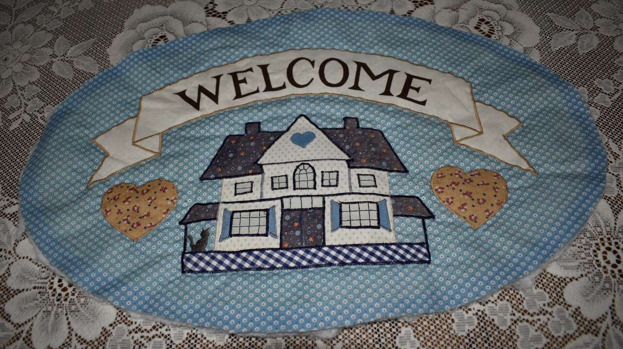 Vintage Hand Made Quilted Fabric Welcome Sign With Hearts And A House Decor