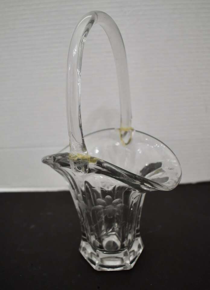 Antique / Vintage Crystal Glass Basket Vase With Etched Flowers