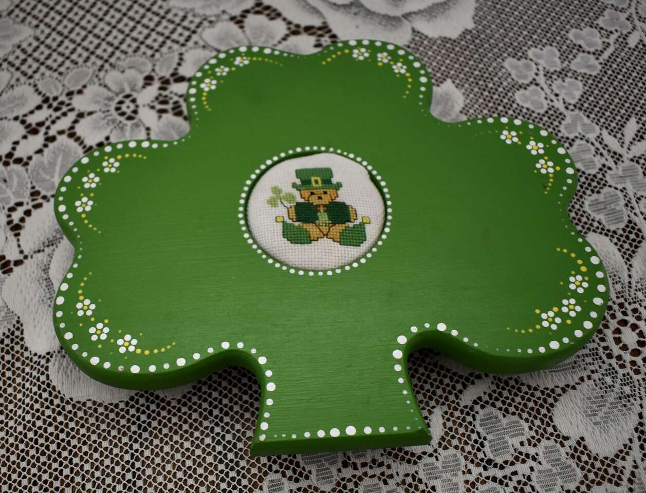 Handmade With An Embroidery Bear With Clovers- Wooden St. Patricks Cookie Jar Lid Or Fun Decor