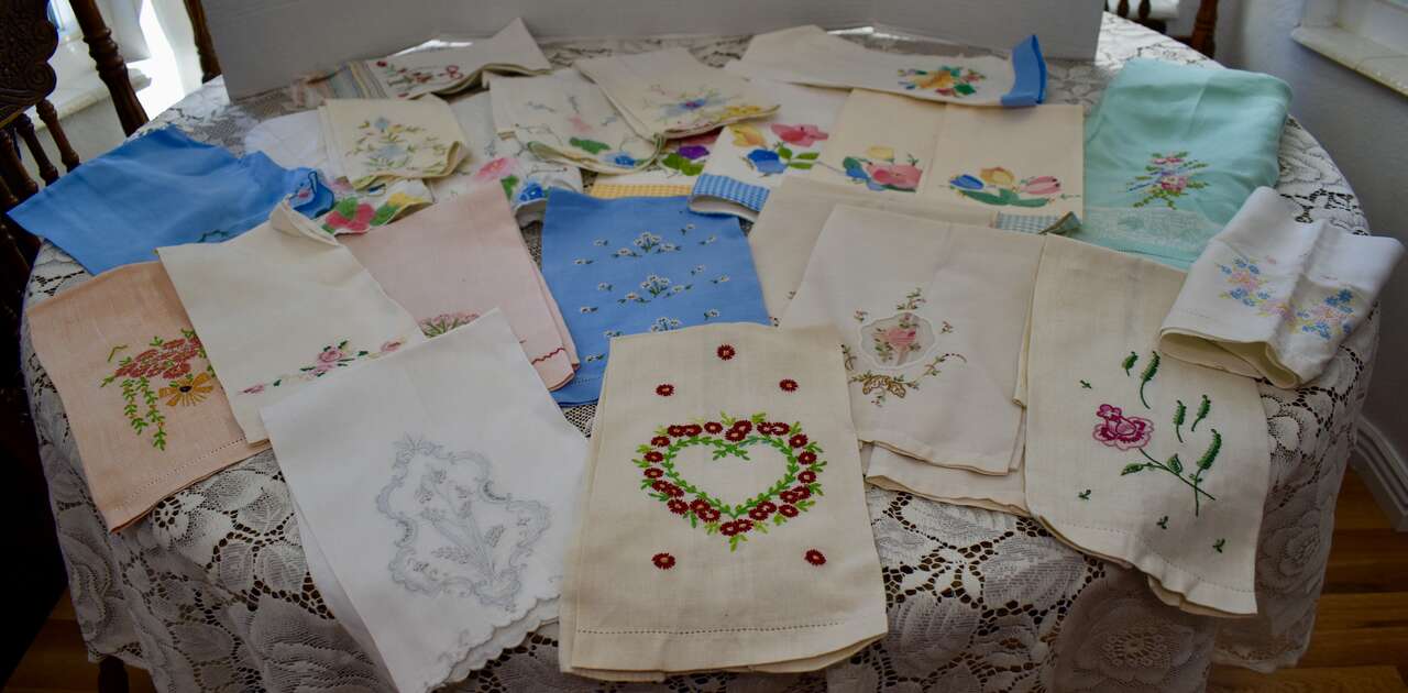Several Very Pretty Antique And Vintage Tea Towels With Embroidery Designs And Flowers