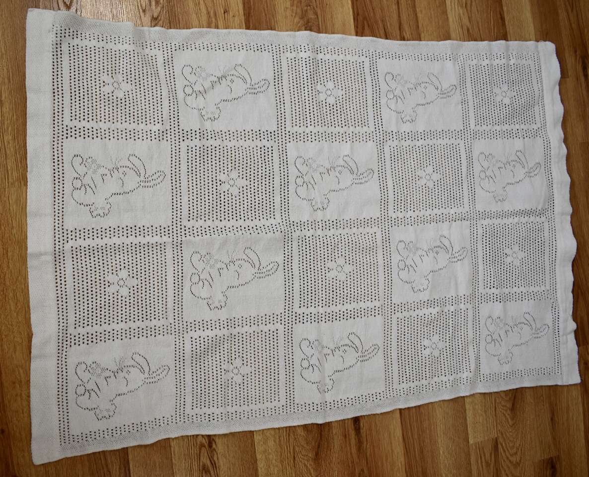 A Really Cute Soft White Vintage Baby Blanket With Rabbits -Made In Great Britain For Norstrom