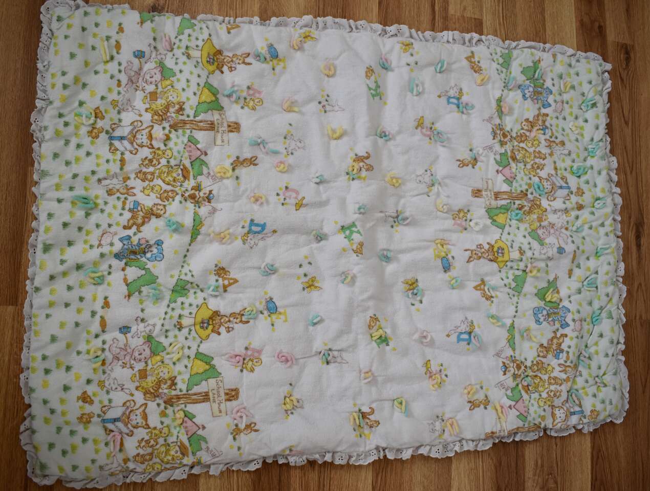 Really Cute Vintage Hand Made Baby Blanket With Rabbits And Kittens