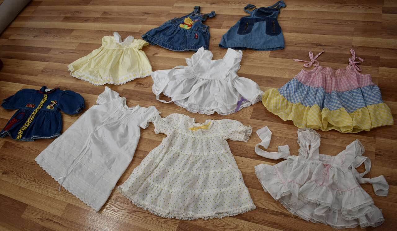 Several Assorted Vintage  Baby / Toddler Dresses With 3 Denim Dresses