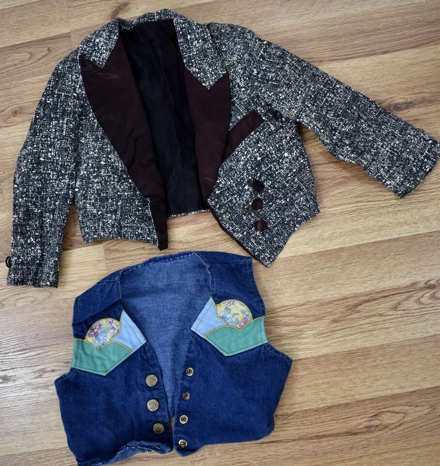A Fun Unique Vintage Lined Black And White With Brown Trim Jacket And A Fun Vintage Denim Vest