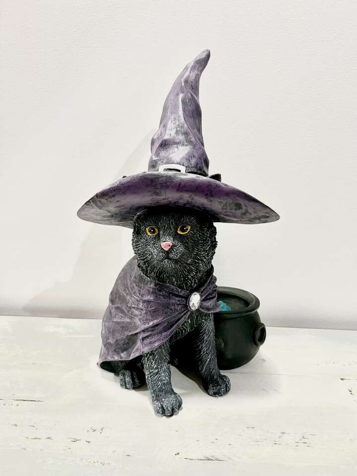 Halloween Witch Cat With Light Ip Cauldron