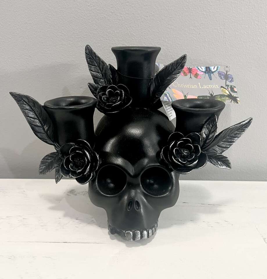 Halloween Black Skull With Roses Candle Holder