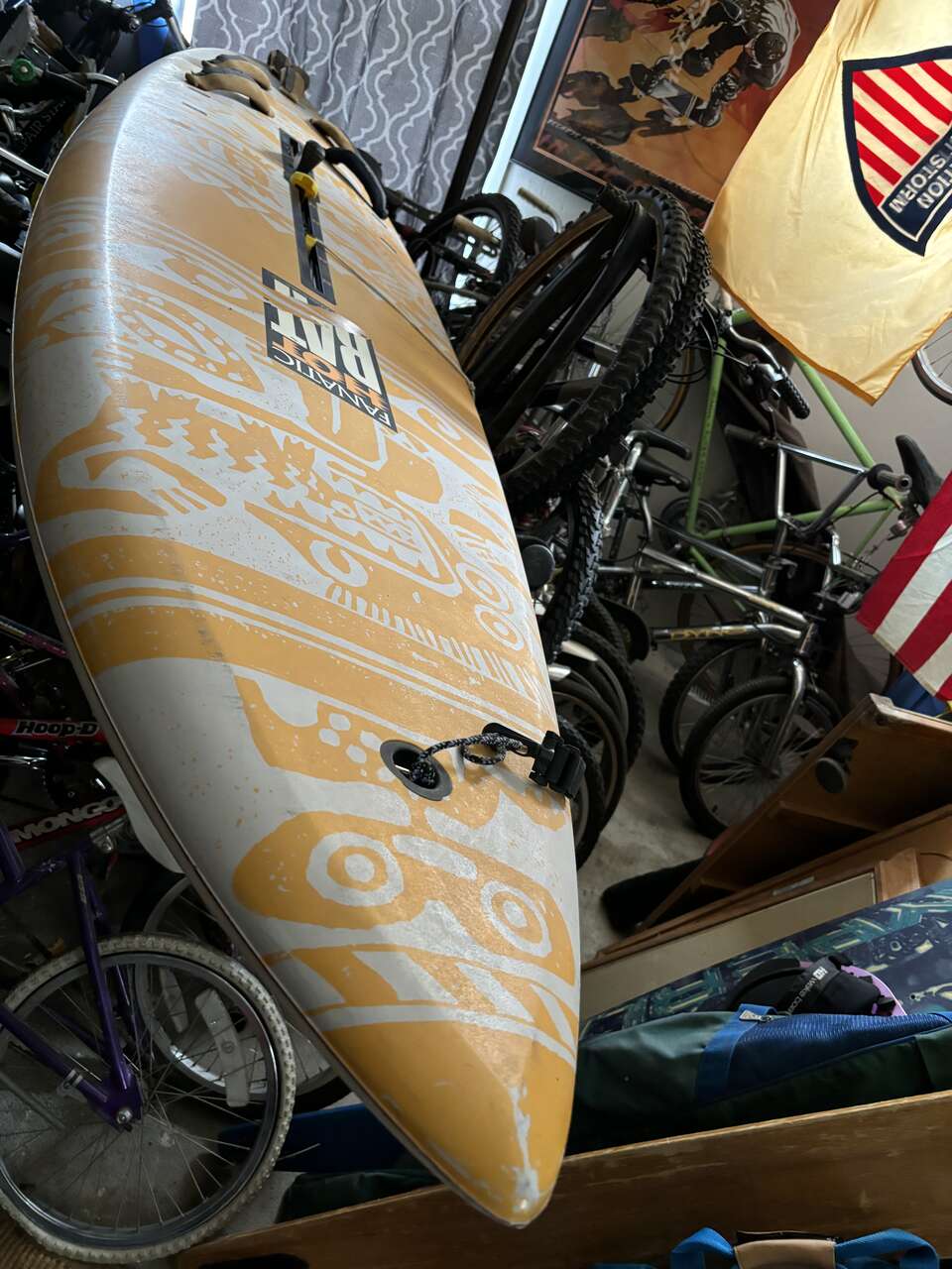 Vintage wind surfing set up. Board and sails