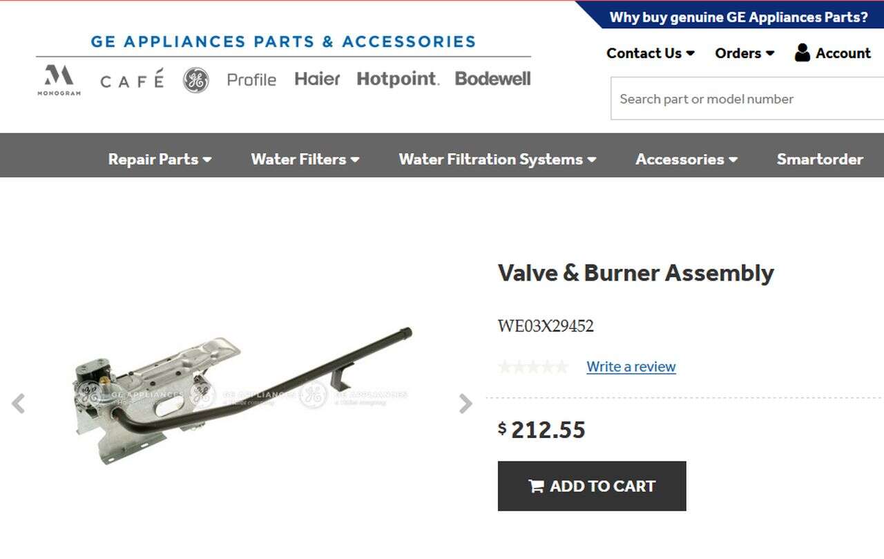 WE03X29452 GE Valve and Burner Assembly for Dryers