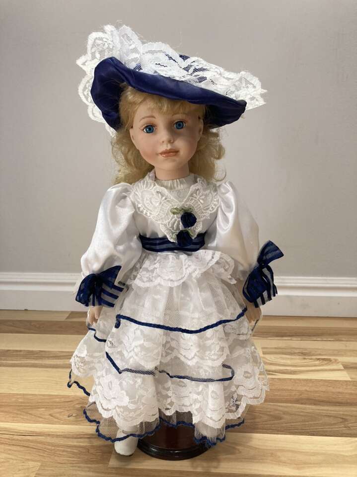 16 inch Porcelain Doll in white + blue dress