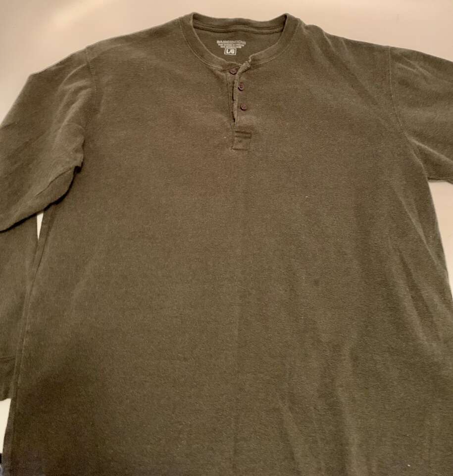 Mens Large Cotton 3 Button Henley Long Sleeve
