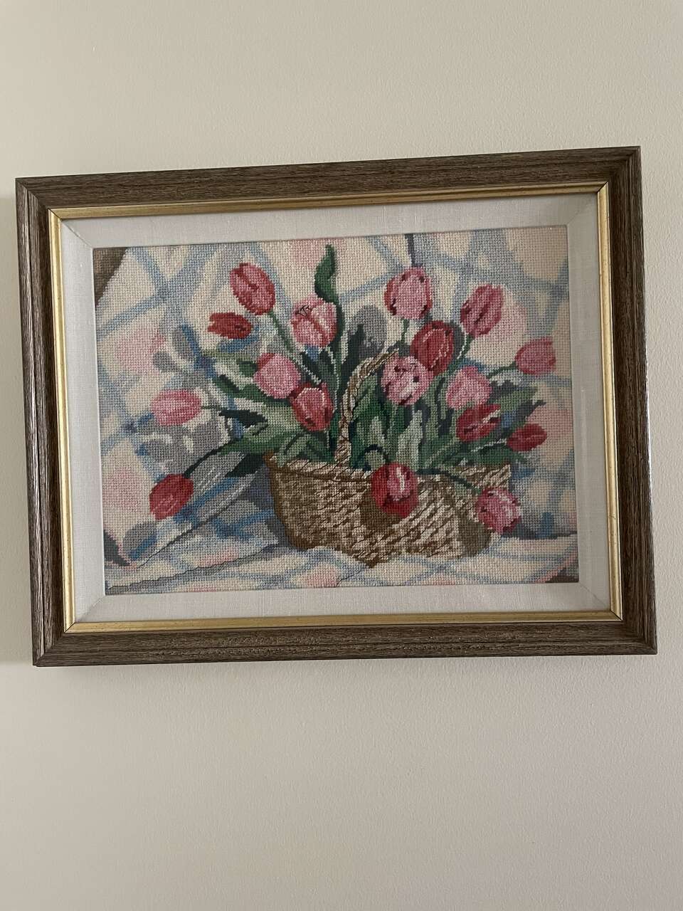 Very Nice Vintage Brown Basket of Mauve and Red Flowers in a Brown Frame