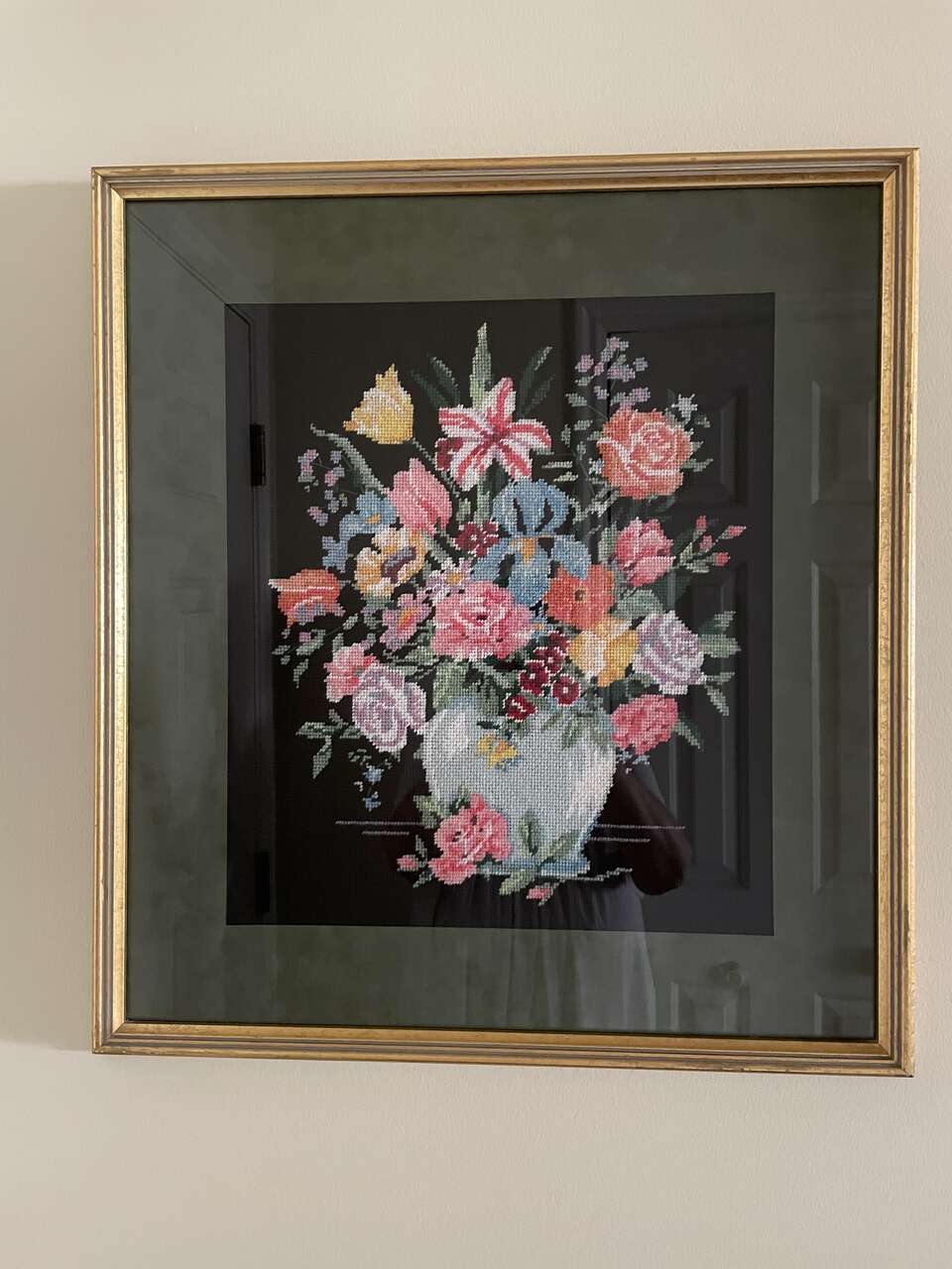 Very nice Vintage Piece--Assorted Flowers in a Blue Vase in a Black Background